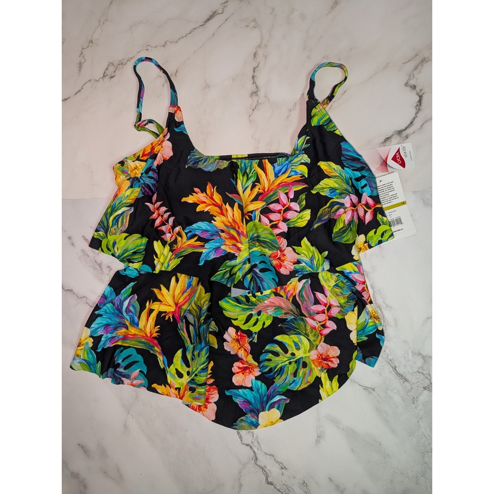Maxine‎ of Hollywood Tropical Floral Double Tiered Tankini Top Black MM4DR58 14